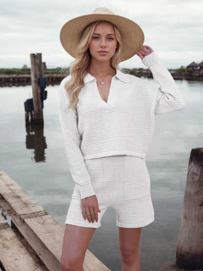 Hazel Blues® |  Johnny Collar Long Sleeve Top and Shorts Sweater Set