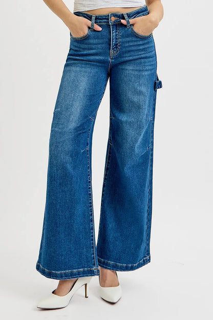 Hazel Blues® | RISEN High Rise Wide Leg Patch Detailed Jeans