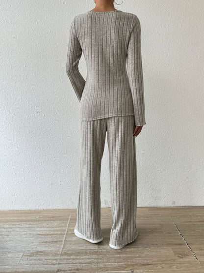 Hazel Blues® |  Ribbed V-Neck Long Sleeve Top and Pocketed Pants Set