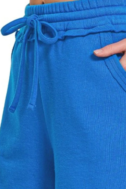 Hazel Blues® |  Zenana Fleece Raw Hem Shorts With Draw String