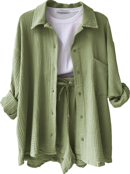 Hazel Blues® |  Textured Button Up Shirt and Shorts Set