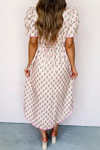 Hazel Blues® |  Floral Print V Neck Scallop Trim Button Front Short Sleeve Dress
