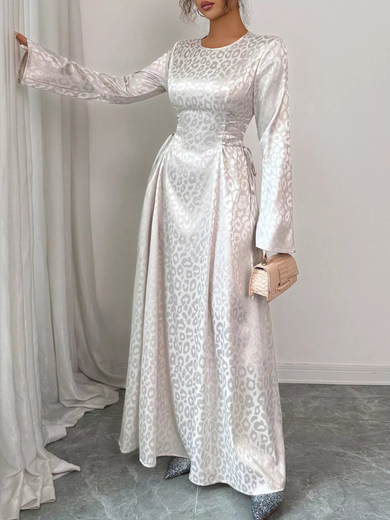 Hazel Blues® |  Leopard Lace Up Long Sleeve Maxi Dress