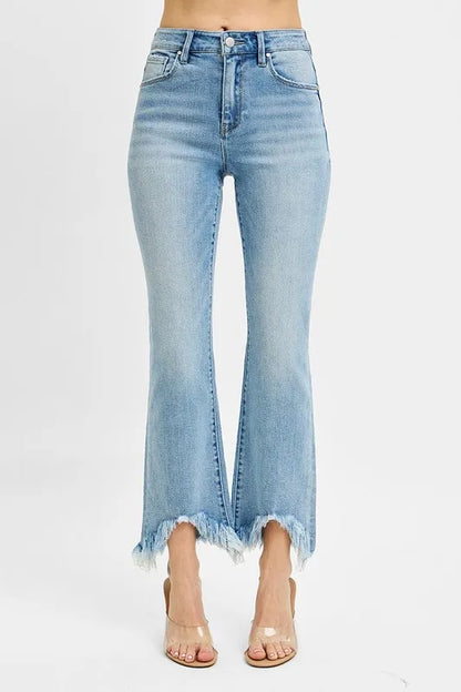 Hazel Blues® |  RISEN High Rise Crop Bootcut Fray Hem Jeans