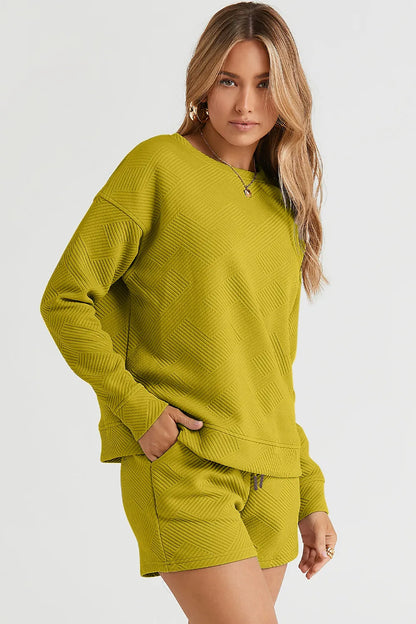 Hazel Blues® |  Double Take Texture Long Sleeve Top and Drawstring Shorts Set