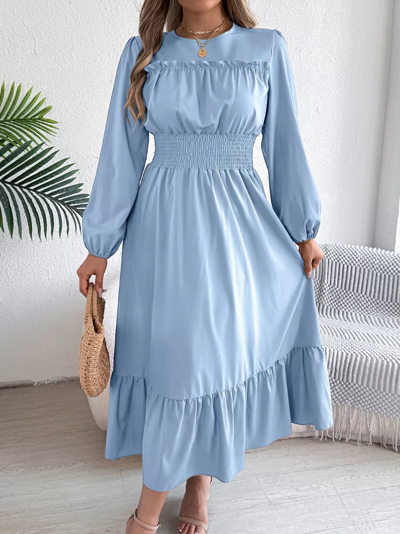 Hazel Blues® |  Round Neck Balloon Sleeve Tiered Dress