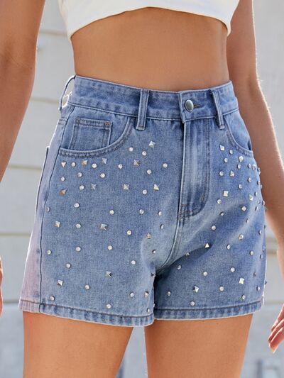 Hazel Blues® |  Rhinestone Washed High Waist Denim Shorts