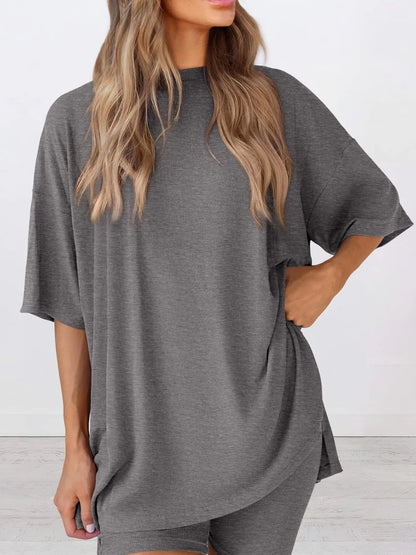 Hazel Blues® | Oversized Slit Round Neck Top and Shorts Lounge Set