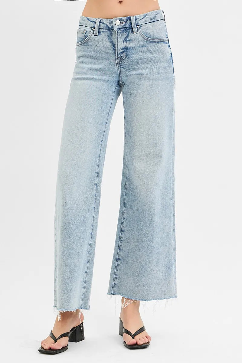 Hazel Blues® | RISEN Tummy Control Low Rise Wide Leg Raw Cut Hem Jeans