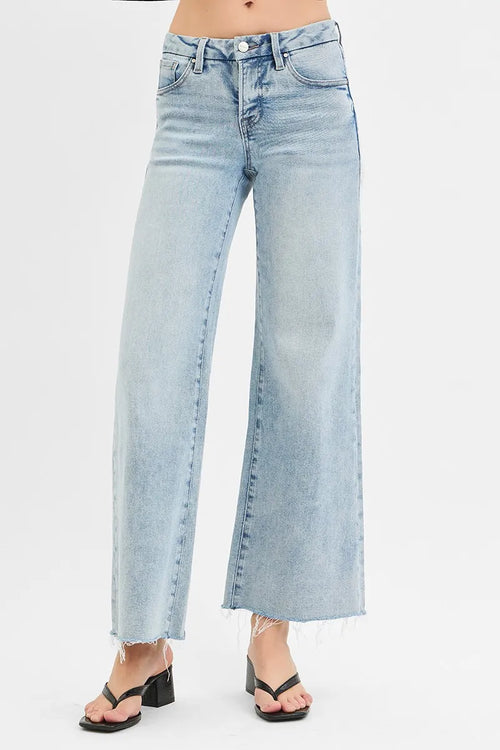 Hazel Blues® | RISEN Tummy Control Low Rise Wide Leg Raw Cut Hem Jeans