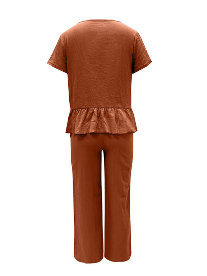 Hazel Blues® |  Peplum Round Neck Short Sleeve Top and Pants Set