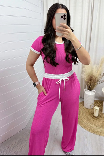 Hazel Blues® |  Contrast Trim Round Neck Top and Pants Set