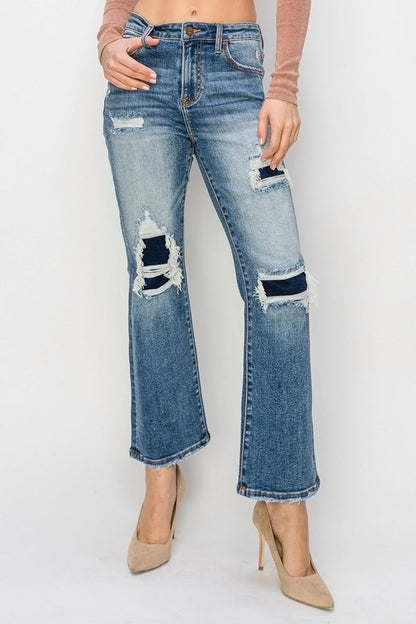 Hazel Blues® |  Risen High Rise Distressed Ankle Flare Jeans