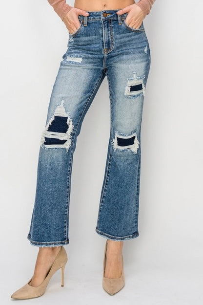 Hazel Blues® |  Risen High Rise Distressed Ankle Flare Jeans