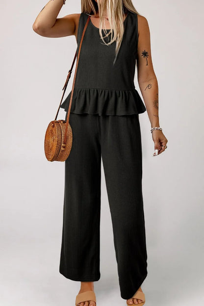 Hazel Blues® |  Color Ribbed Ruffle Tank Top and Pants Set