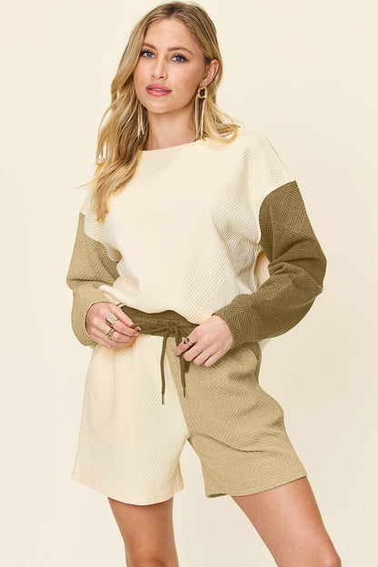 Hazel Blues® |  Double Take Contrast Drop Shoulder Top and Shorts Set