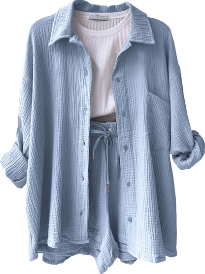 Hazel Blues® |  Textured Button Up Shirt and Shorts Set