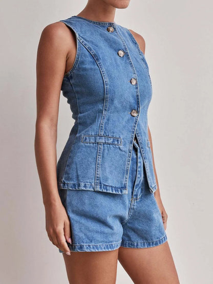 Hazel Blues® |  Button Down Vest and Shorts Denim Set
