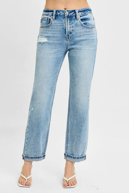 Hazel Blues® | RISEN High Rise Ankle Boyfriend Distressed Jeans
