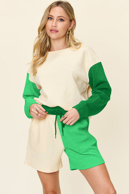 Hazel Blues® |  Double Take Contrast Drop Shoulder Top and Shorts Set
