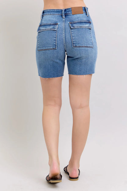 Hazel Blues® | Judy Blue Mid Rise Bermudas Denim Shorts W/ Back Flap Pockets