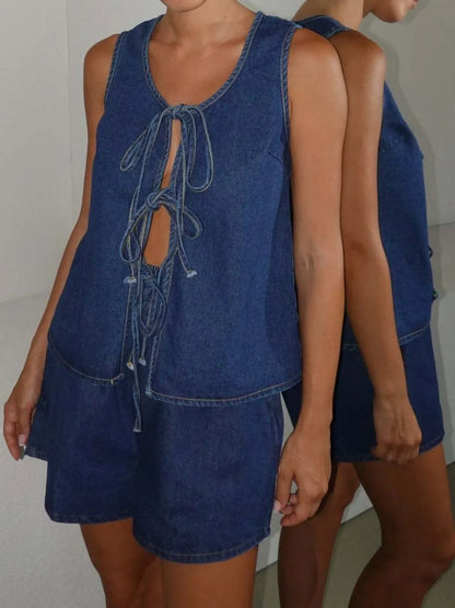 Hazel Blues® |  Tie Front Vest and Shorts Denim Set