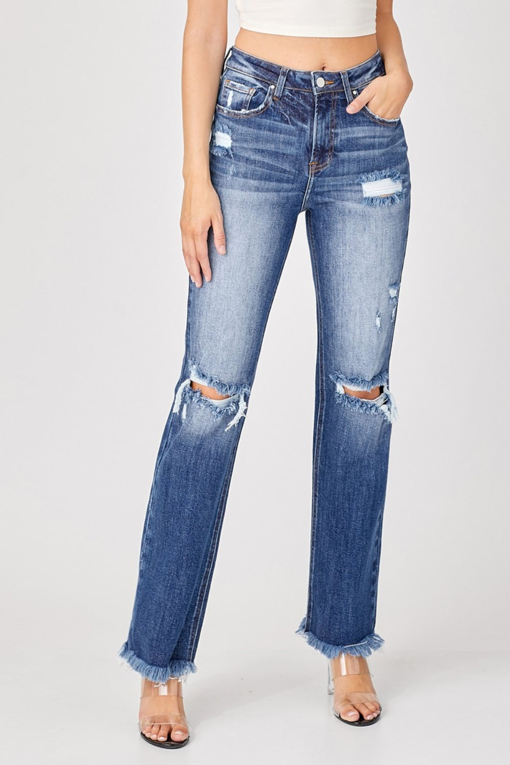 Hazel Blues® |  Risen Raw Hem Distressed Straight Jeans