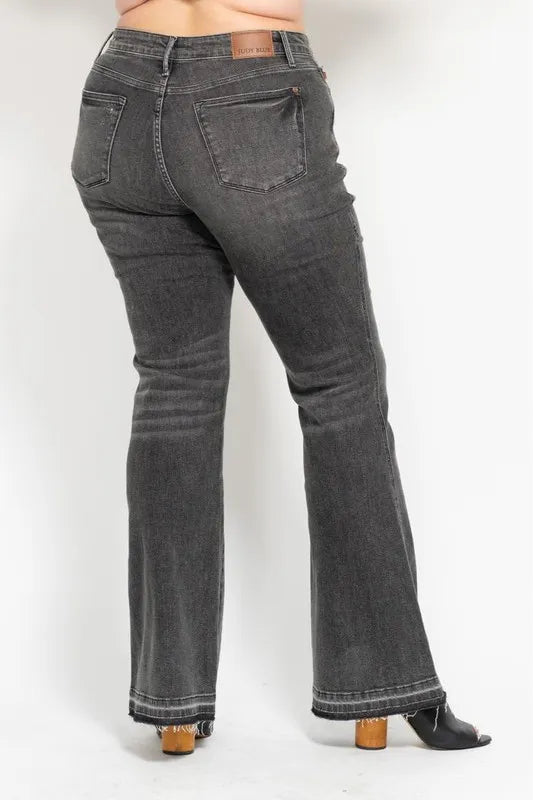Hazel Blues® | Judy Blue Mid Rise Tummy Control Washed Gray Release Hem Flare Jeans