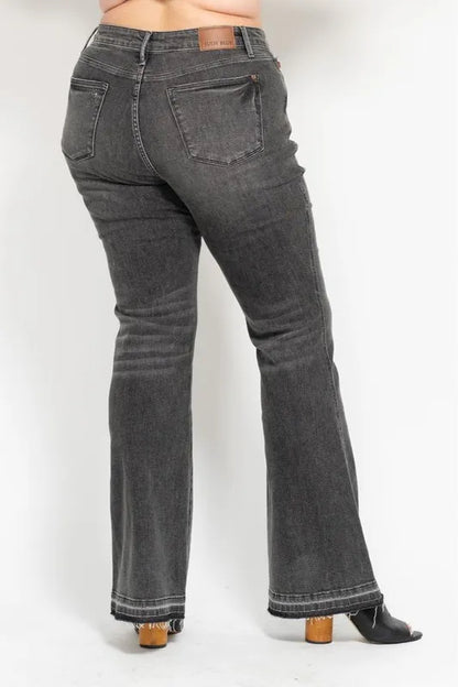Hazel Blues® | Judy Blue Mid Rise Tummy Control Washed Gray Release Hem Flare Jeans