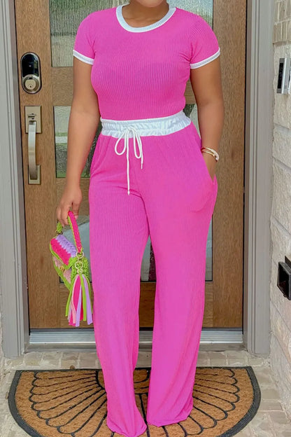 Hazel Blues® |  Contrast Trim Round Neck Top and Pants Set
