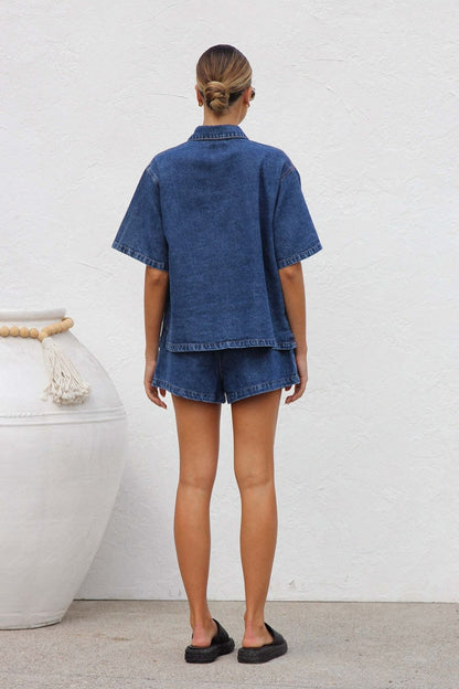 Hazel Blues® |  Collared Neck Button Up Top and Shorts Denim Set