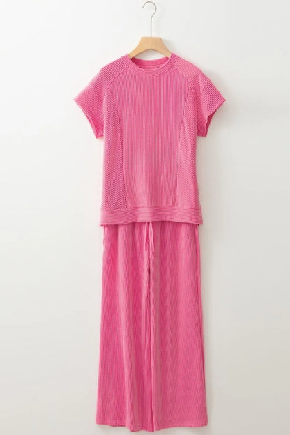 Hazel Blues® |  Corded Knit Short Sleeve T-Shirt and Wide Leg Pants Set