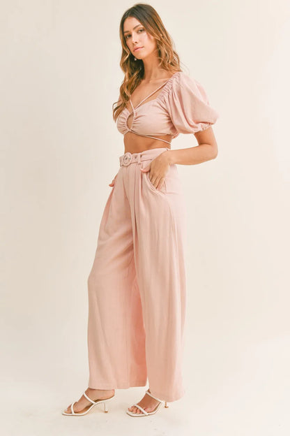 Hazel Blues® |  MABLE Cut Out Drawstring Crop Top and Belted Pants Set