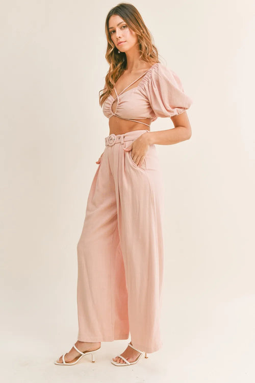 Hazel Blues® |  MABLE Cut Out Drawstring Crop Top and Belted Pants Set