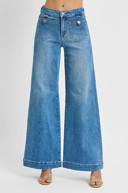 Hazel Blues® | RISEN Mid Rise Wide Front Patch Pocket Jeans