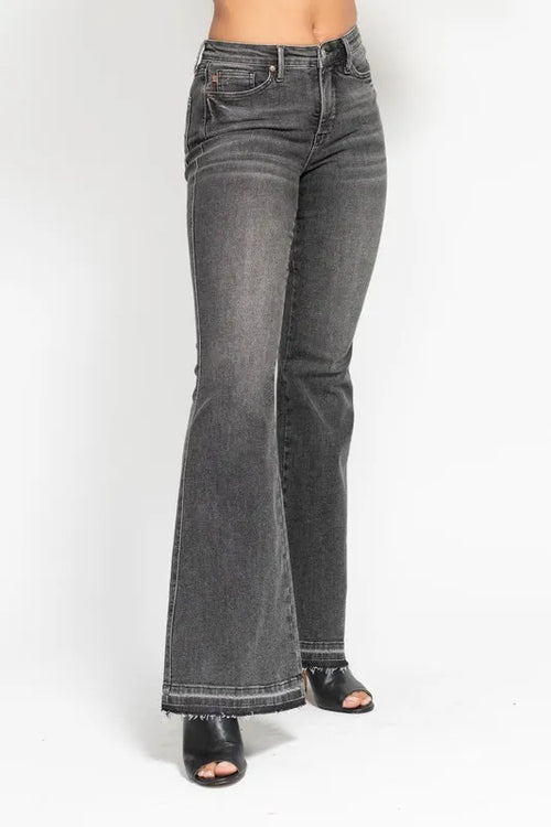 Hazel Blues® | Judy Blue Mid Rise Tummy Control Washed Gray Release Hem Flare Jeans