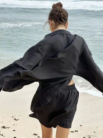 Hazel Blues® |  Button Up Long Sleeve Shirt and Shorts Set