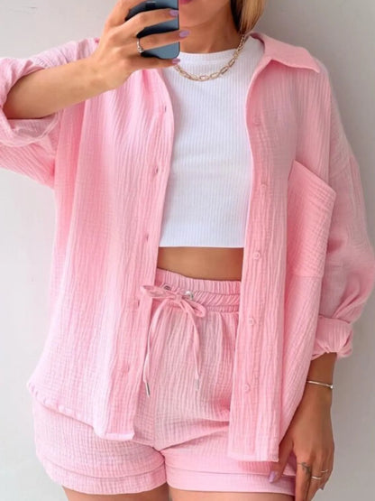 Hazel Blues® |  Textured Button Up Shirt and Shorts Set