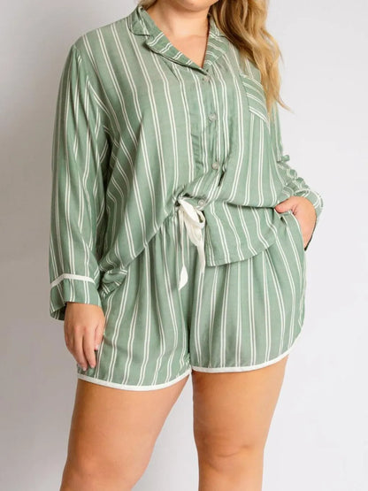 Hazel Blues® |  Striped Collared Neck Long Sleeve Top and Shorts Lounge Set