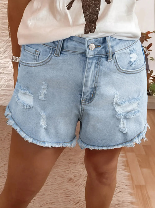 Hazel Blues® |  High Rise Distressed Raw Hem Denim Shorts