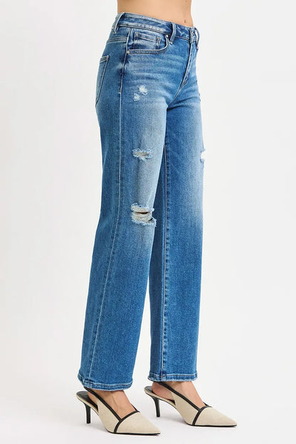 Hazel Blues® | RISEN High Rise Ankle Straight Front Body Distressed Jeans