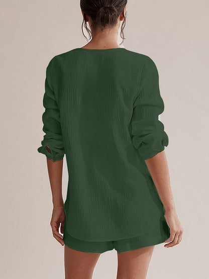 Hazel Blues® |  Notched Long Sleeve Top and Shorts Set