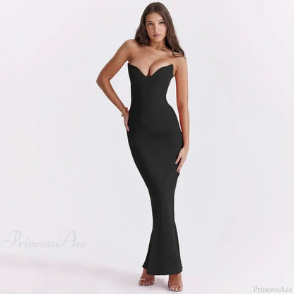 Elegant Fishbone Slim Sheath Fishtail Maxi Dress