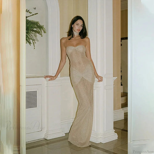 Elegant Off-Shoulder Glitter Fishtail Maxi Dress