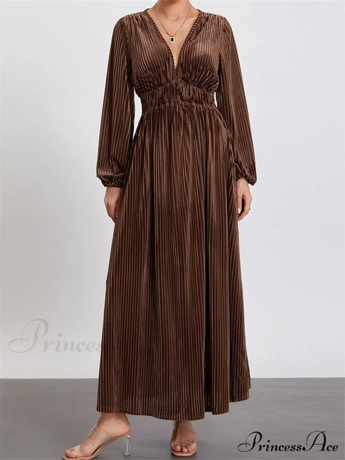 Elegant Women Spring Fall Velvet Sleeve Deep V Neck Solid Color A-Line Vintage Female Vestidos