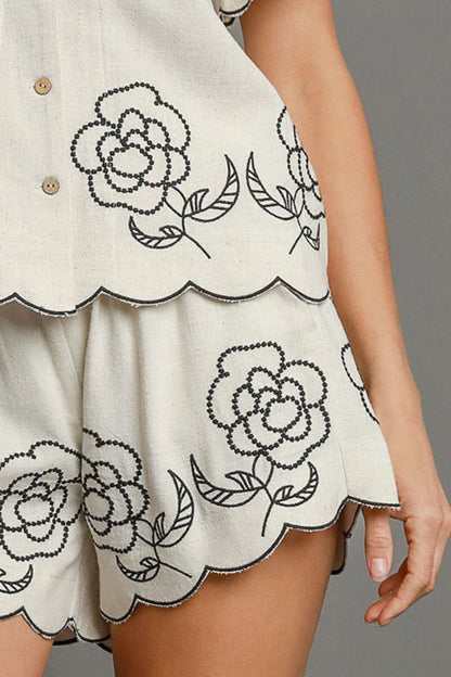 Hazel Blues® | Umgee Linen Blend Shorts with Floral Embroidered Details