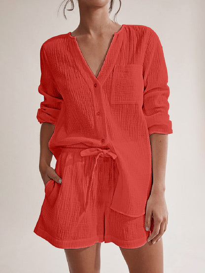 Hazel Blues® |  Notched Long Sleeve Top and Shorts Set