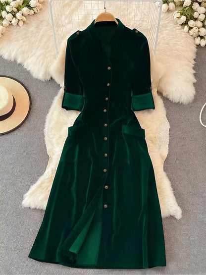 Hazel Blues® |  Velvet Button-Down Midi Dress