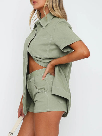 Hazel Blues® |  Button Up Short Sleeve Top and Shorts Denim Set