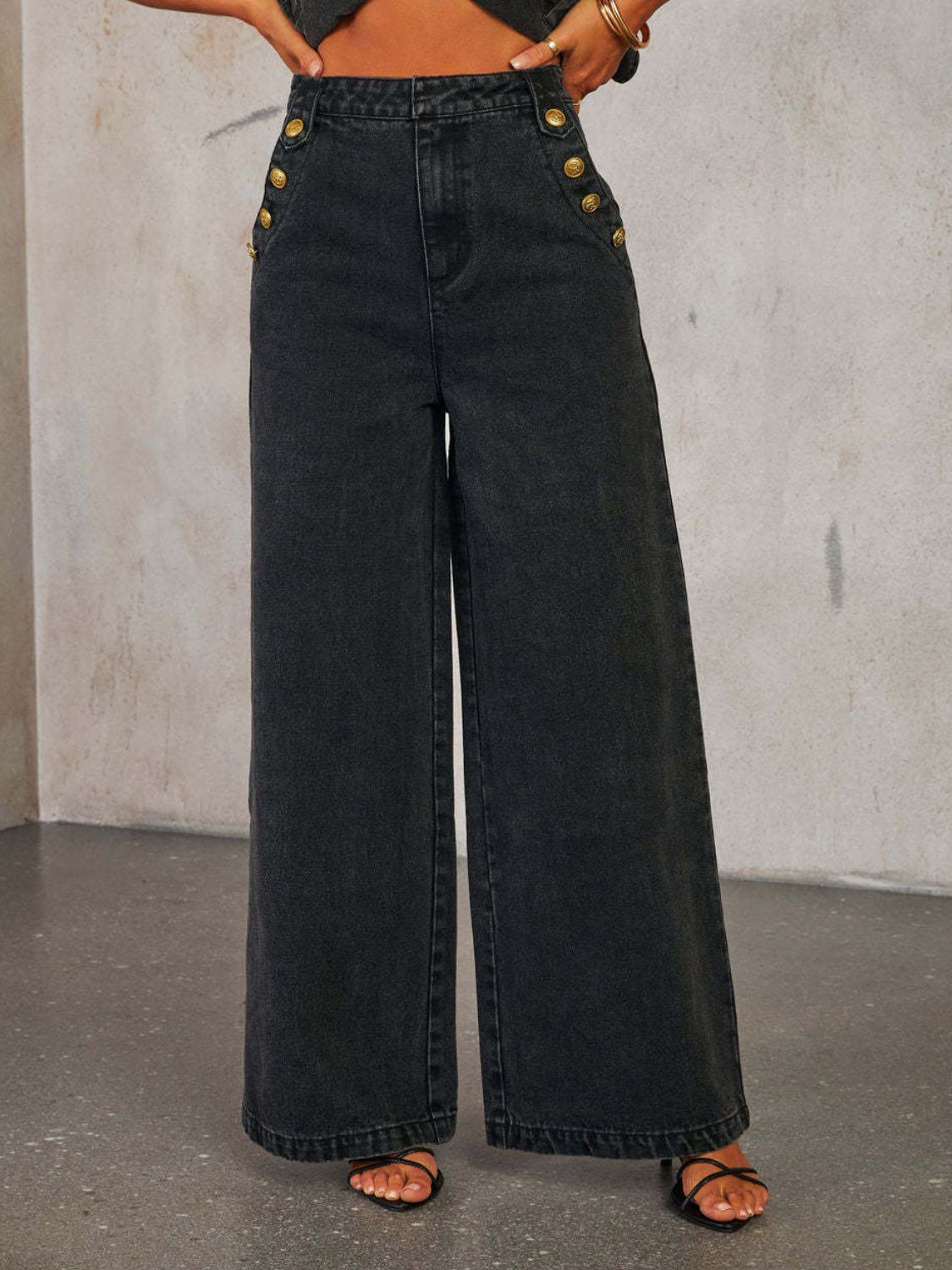 Hazel Blues® |  Button Decor High Rise Wide Leg Jeans